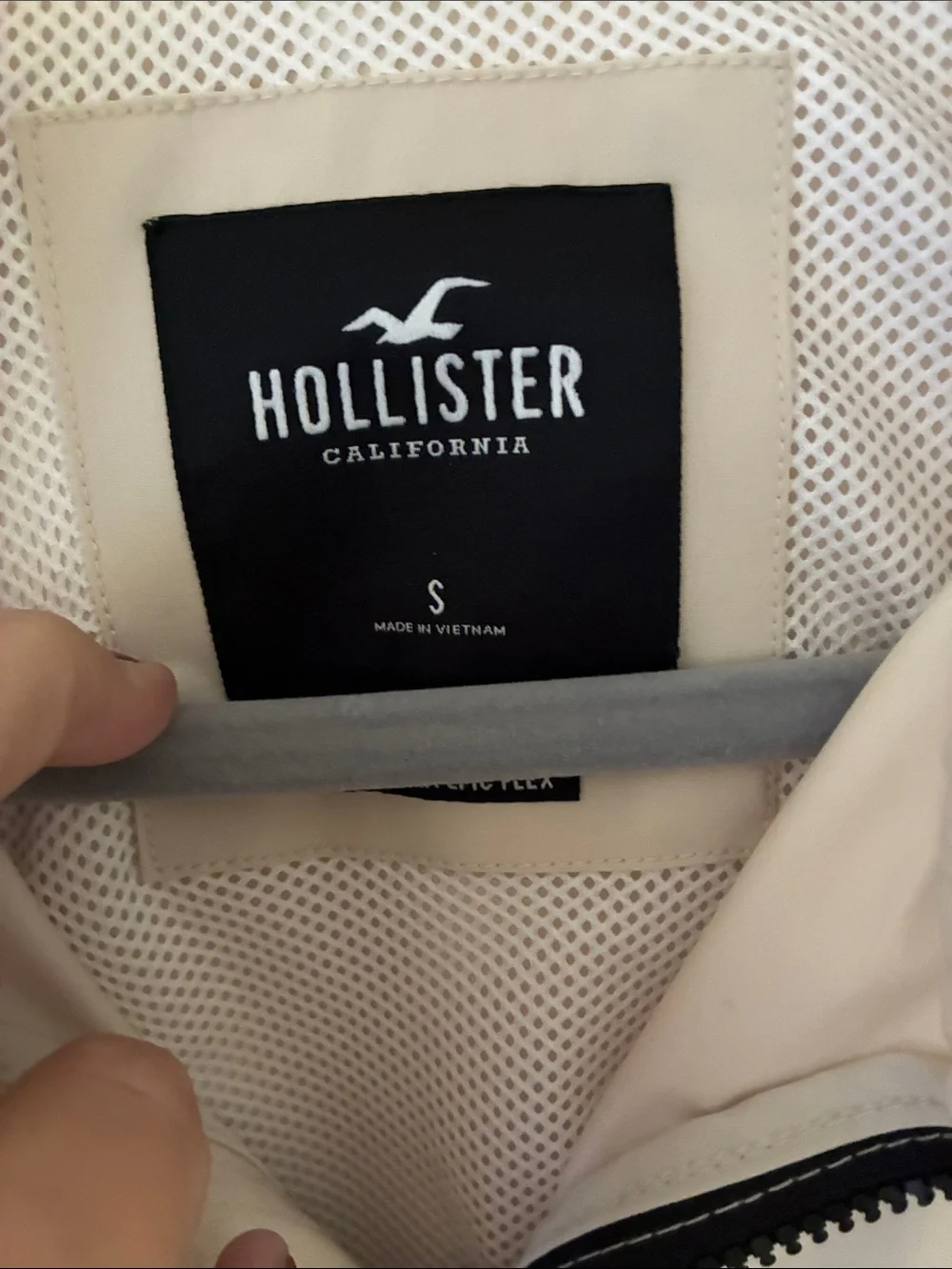 Hollister Men's Cream Track Jacket with Black Trim and Logo Tape